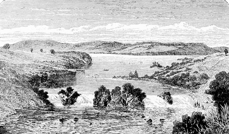 The Victoria Nile with the Ripon waterfalls, mountain landscape, river islands, riverbank, water landscape, trees, nature, Uganda, historical illustration, 19th century