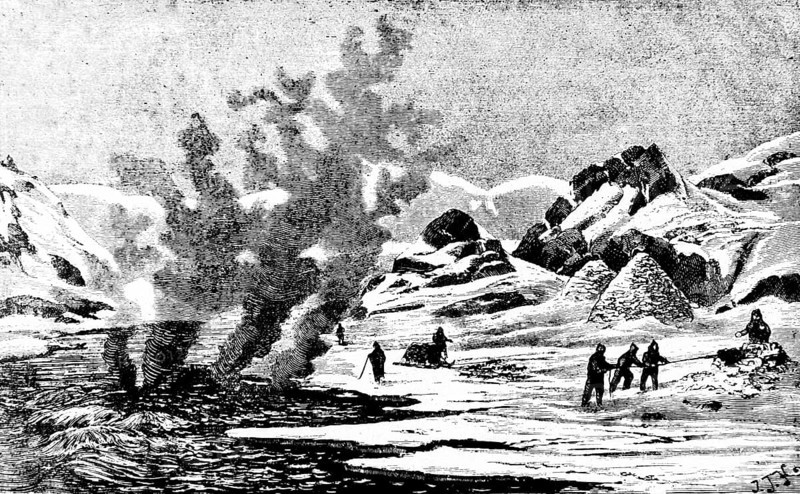 The rapids of the large fish river in Siberia, Ob or Yenisei, people of the East Yaks, ice climate, freezing cold, group in snow-covered mountain landscape, fish-rich river, rising water columns, sled, Russia, historical illustration, 19th century