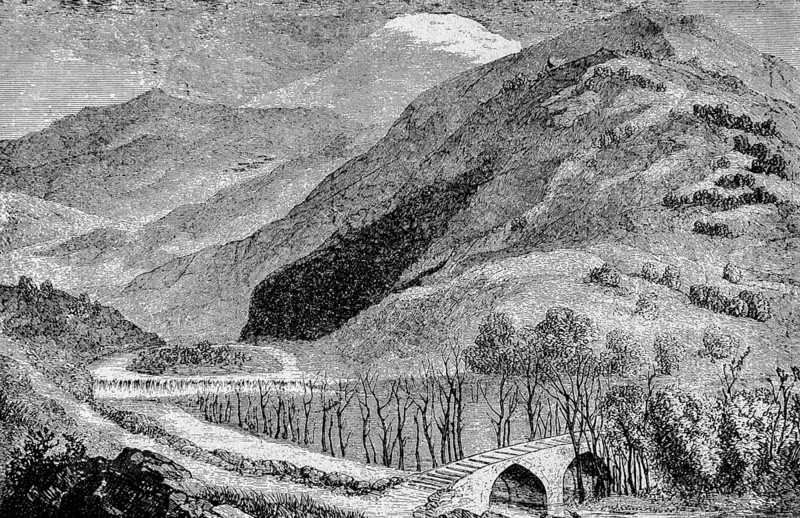 Jordan with the source river Hazbani, Israel, mountain landscape, mountain peak with snow, stone bridge, trees, nature, barren landscape, Middle East, historical illustration, 19th century