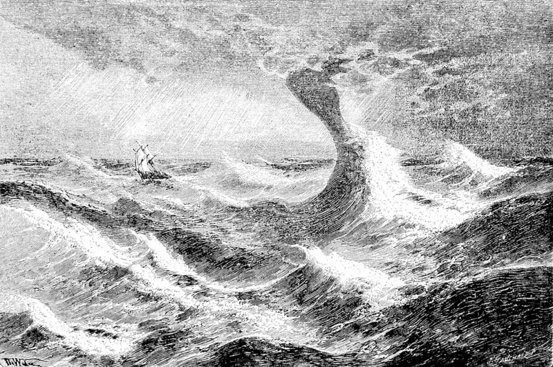 Storm Trombe at sea, open sea, meteorology, stormy weather, hurricane, high wind speed, extremely high waves, danger, spray, swell, sailboat, distress at sea, falling wave, rain, precipitation, historical illustration, 19th century