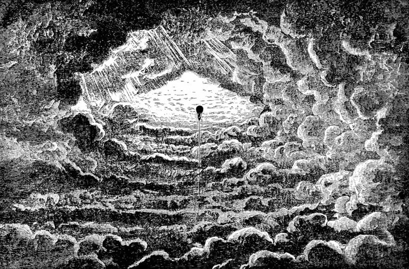 Cloud vault observed by Tiffandier on April 13, 1868, cloud formation, appearance, circular arrangement, meteorology, weather balloon, measurement, research, rare cloud formation, sun rays, sky, climate, historical illustration, 19th century