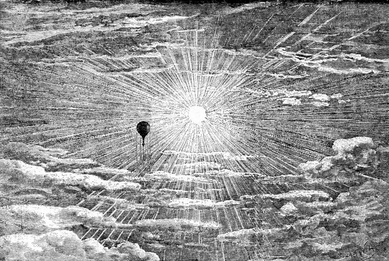 An enchanting scene seen from a balloon, meteorology, central sun, sunshine, sunrays, cloudy sky, fair weather clouds, cumulus, weather balloon, measurement, climate data, weather sates, altitude, historical illustration, 19th century