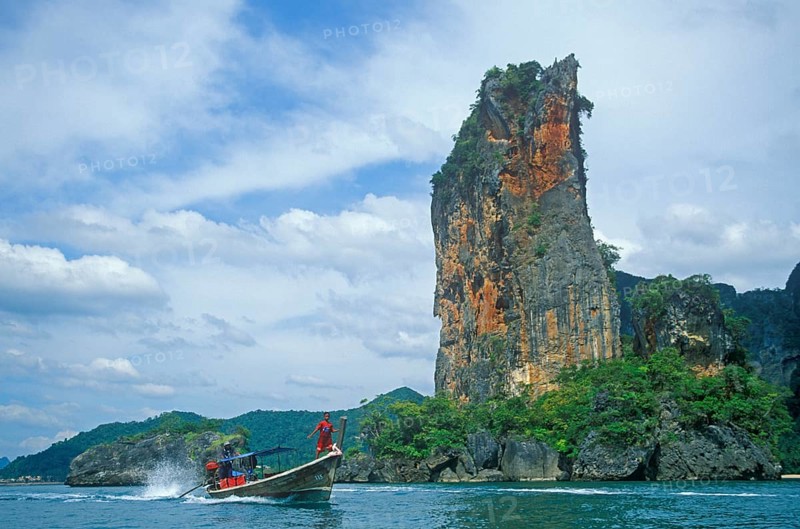 Rocks in the sea, longtail boat, two years in front of the tsunami, Railay, Krabi, Thailand, December 2002, vintage, retro, old, historic