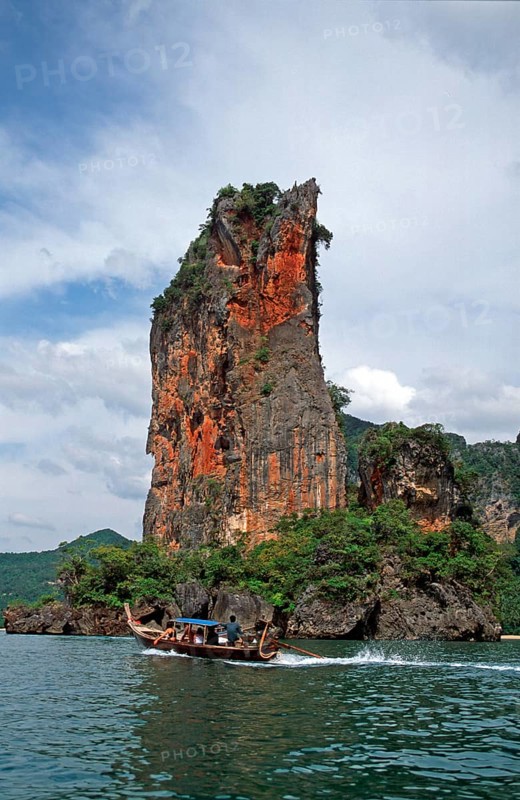 Rocks in the sea, longtail boat, two years in front of the tsunami, Railay, Krabi, Thailand, December 2002, vintage, retro, old, historic