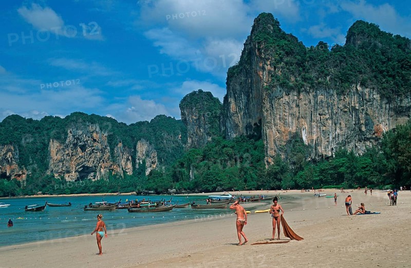 People, longtail boats, beach, Railay West, two years in front of the tsunami, Krabi, Thailand, December 2002, vintage, retro, old, historic