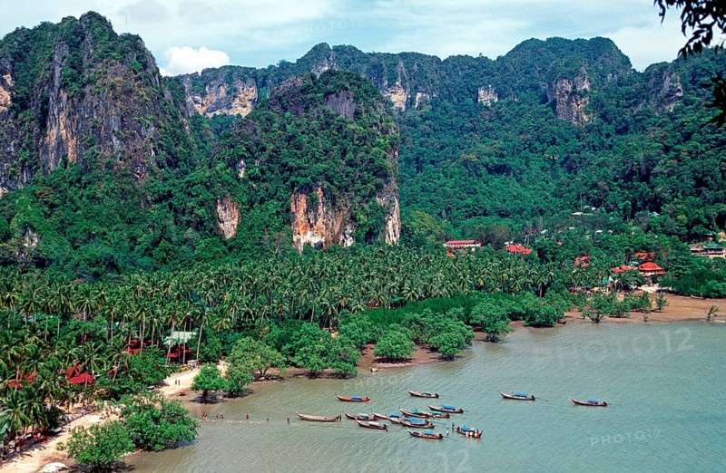 Mountains, sea, beach, boats, view of Railay East from the viewpoint, two years in front of the tsunami, Krabi, Thailand, December 2002, vintage, retro, old, historic