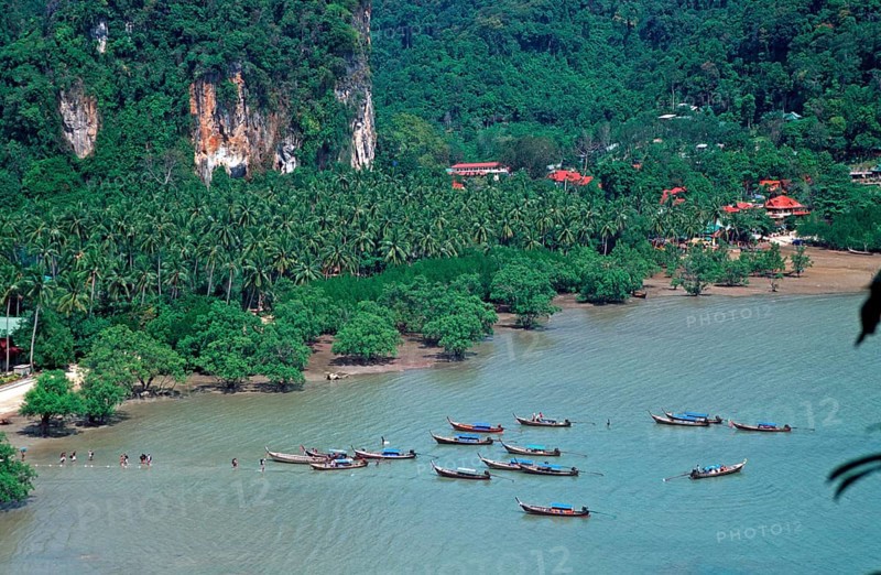 Mountains, sea, boats, view of Railay East from the viewpoint, two years in front of the tsunami, Krabi, Thailand, December 2002, vintage, retro, old, historic