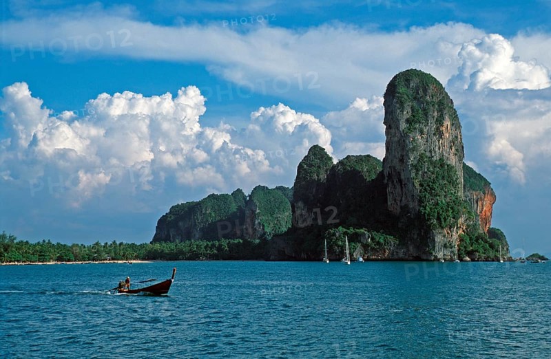 Longtail boat, rocks in the sea, Railay East, two years in front of the tsunami, Krabi, Thailand, December 2002, vintage, retro, old, historic