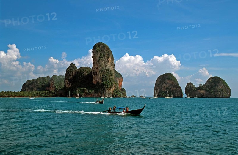 Longtail boats, rocks in the sea, Railay East, two years in front of the tsunami, Krabi, Thailand, December 2002, vintage, retro, old, historic