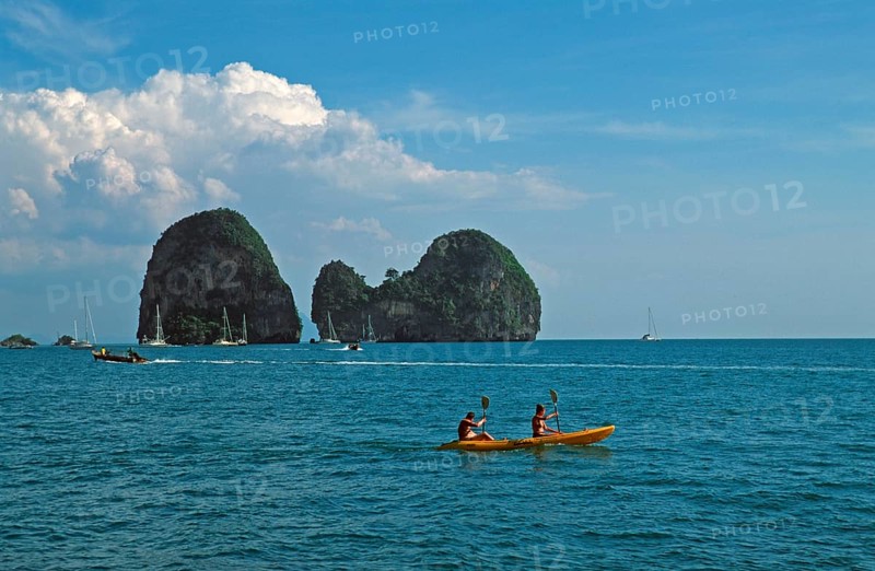 Kayak, rocks in the sea, Railay East, two years in front of the tsunami, Krabi, Thailand, December 2002, vintage, retro, old, historic
