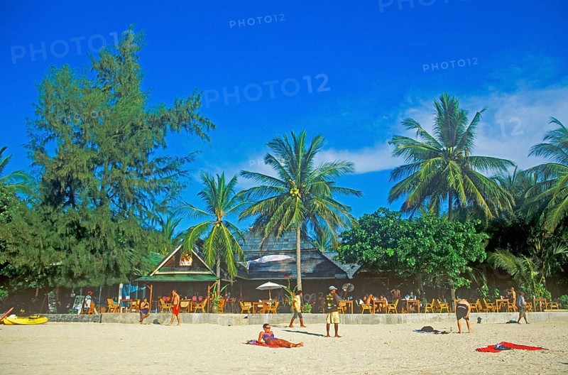 People, palm trees, beach, Railay West, two years in front of the tsunami, Krabi, Thailand, December 2002, vintage, retro, old, historic