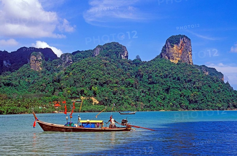Mountains, sea, longtail boat, two years in front of the tsunami, Railay East, Krabi, Thailand, December 2002, vintage, retro, old, historic