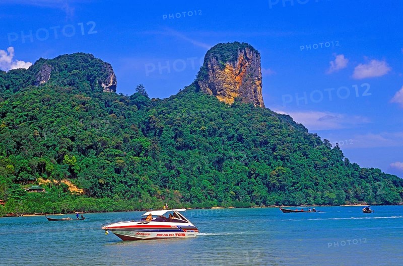 Mountains, sea, boat, two years in front of the tsunami, Railay East, Krabi, Thailand, December 2002, vintage, retro, old, historic