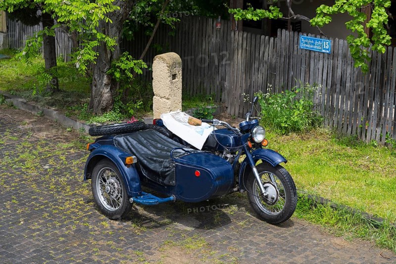 Blue motorcycle with sidecar parked on a cobblestone road, motorcycle team, model of the Ukrainian brand Dnepr, Asureti, Elizabeth Valley, Lower Kartli region, Georgia
