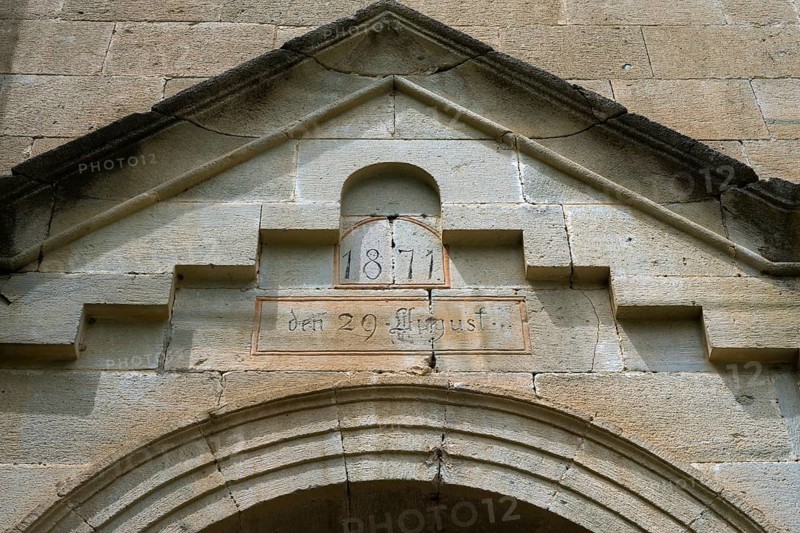 Historic stone structure with inscription and pediment from 1871, German Evangelical Lutheran Church of the Redeemer, Schwabenstraße, village founded by Caucasian Germans, Assureti, Elizabeth Valley, Lower Kartli region, Georgia