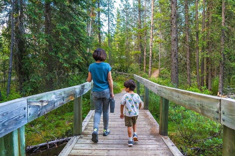 Mother and son enjoying a leisurely hike, crossing a picturesque wooden bridge amidst the lush green forest of banff national park in the canadian rockies, creating cherished memories together