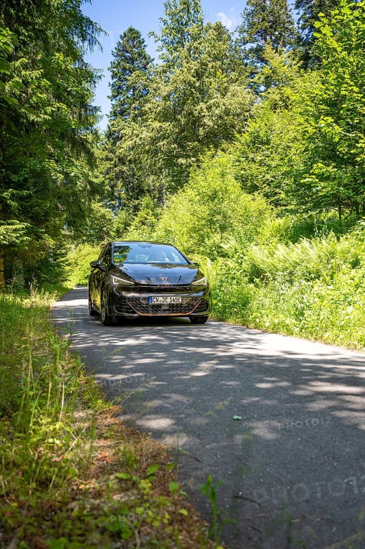Black car driving on a narrow road between tall, green trees in the forest, deer e-car sharing, Cupra electric car, Germany