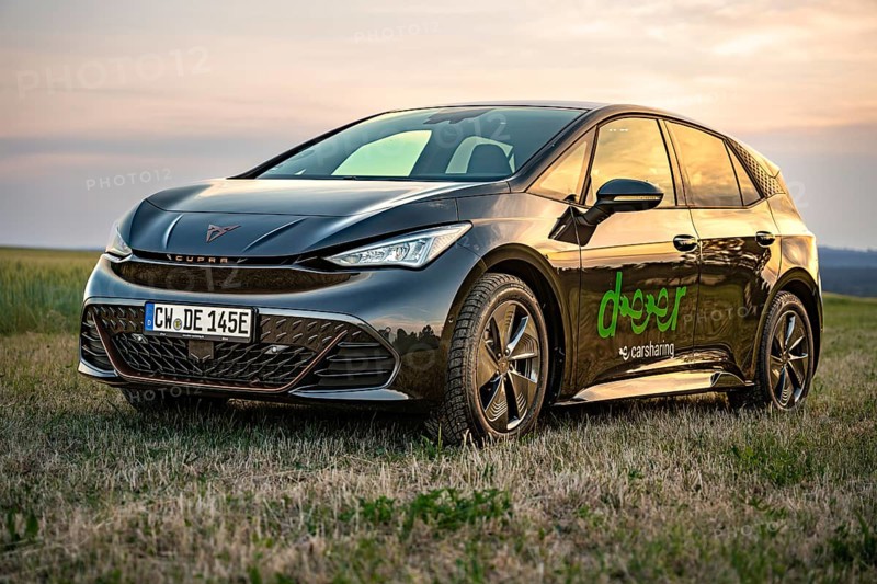 Black car in a meadow at sunset with reflections on the paint, Deer e-car sharing, Cupra electric car, Germany
