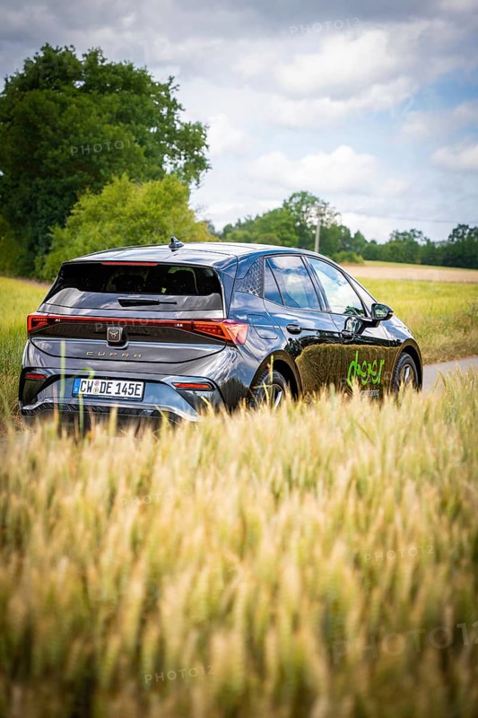 Car driving on a country road through a green field, Deer E-Car Sharing, Cupra electric car, Germany