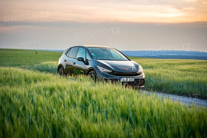 Black car in the middle of a green field at sunset, deer e-car sharing, Cupra electric car, Germany