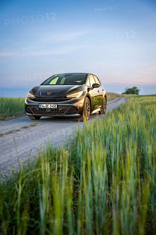 Car on a dirt road with tall grass at dusk, Deer E-car sharing, Cupra electric car, Germany