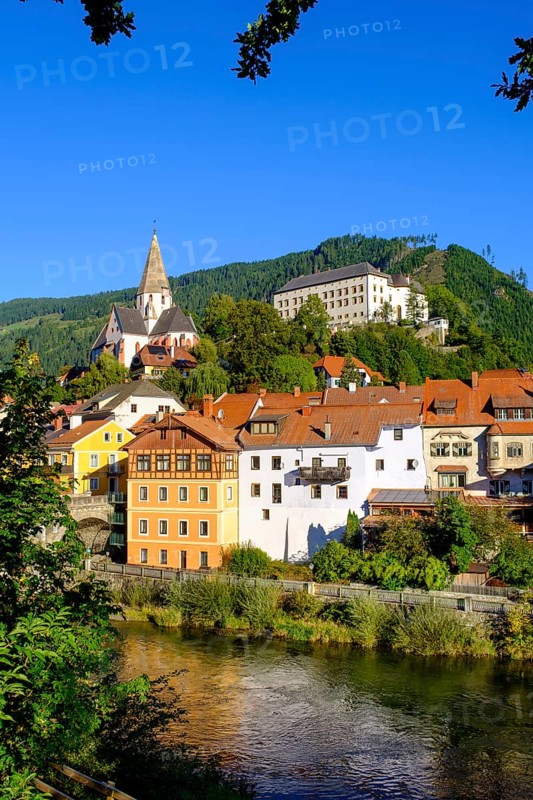 Murau with Obermurau Castle and St. Matthew Church, Mur River, Styria, Austria