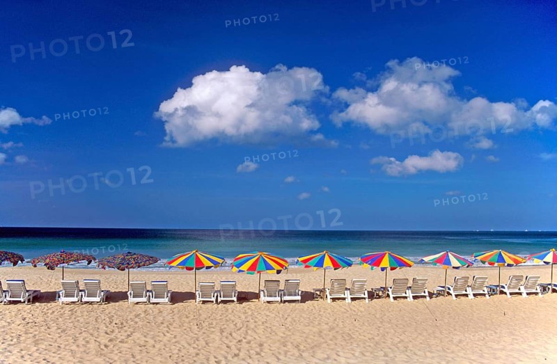Umbrellas and sun loungers on Karon Beach, two years in front of the tsunami, Ko Phuket, Thailand, December 2002, vintage, retro, old, historic