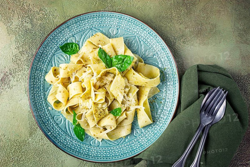 Pasta papardelle, with pesto and parmesan cheese, homemade, no people