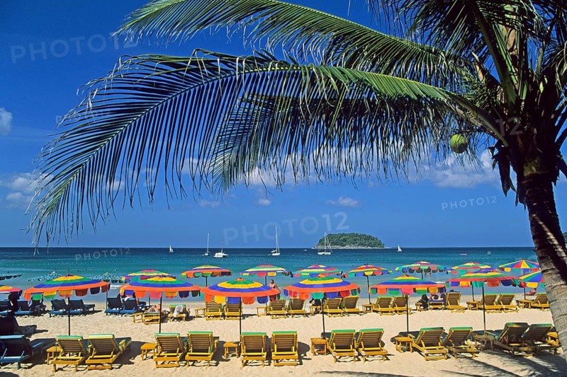 Umbrellas, palm tree, island, Kata Beach, two years in front of the tsunami, Ko Phuket, Thailand, December 2002, vintage, retro, old, historic