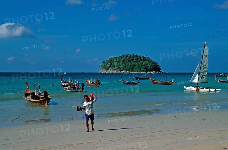 Longtail boats, people, island, Kata Beach, two years in front of the tsunami, Ko Phuket, Thailand, December 2002, vintage, retro, old, historic