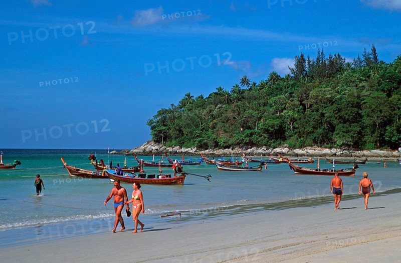 Longtail boats, people, Kata Beach, two years in front of the tsunami, Ko Phuket, Thailand, December 2002, vintage, retro, old, historic