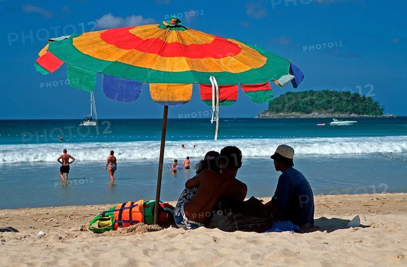 People, parasol, island, Kata Beach, two years in front of the tsunami, Ko Phuket, Thailand, December 2002, vintage, retro, old, historic