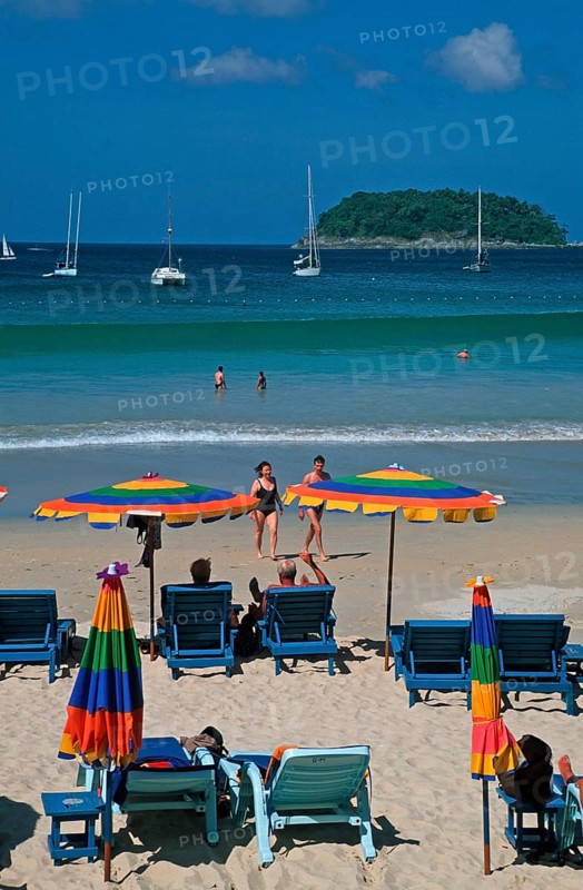 People, umbrellas, boats, island, Kata Beach, two years in front of the tsunami, Ko Phuket, Thailand, December 2002, vintage, retro, old, historic
