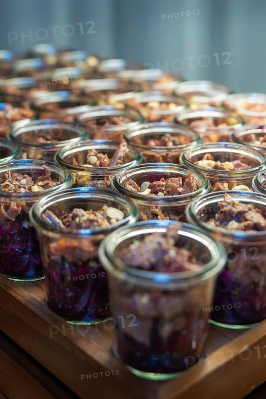 Rustic glasses filled with nuts and red cabbage, Christmas party Dekra Congresshotel Wart, Calw district, Germany