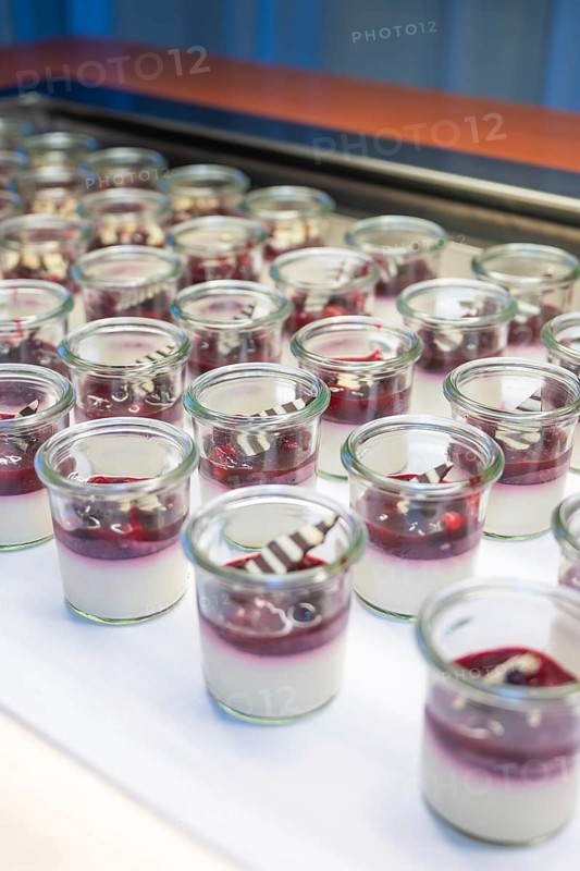 Modern desserts in small glasses, layered with berries, Christmas party Dekra Congresshotel Wart, Calw district, Germany