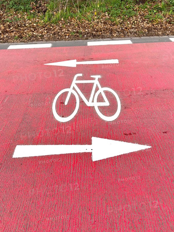 Signet of stylized bicycle symbol on wide red road of bicycle road, above including arrows for both directions of travel, Germany