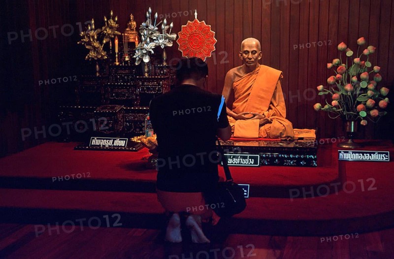 Wax monk at Wat Chalong monastery, believer praying, Ko Phuket, Thailand, December 2002, vintage, retro, old, historic
