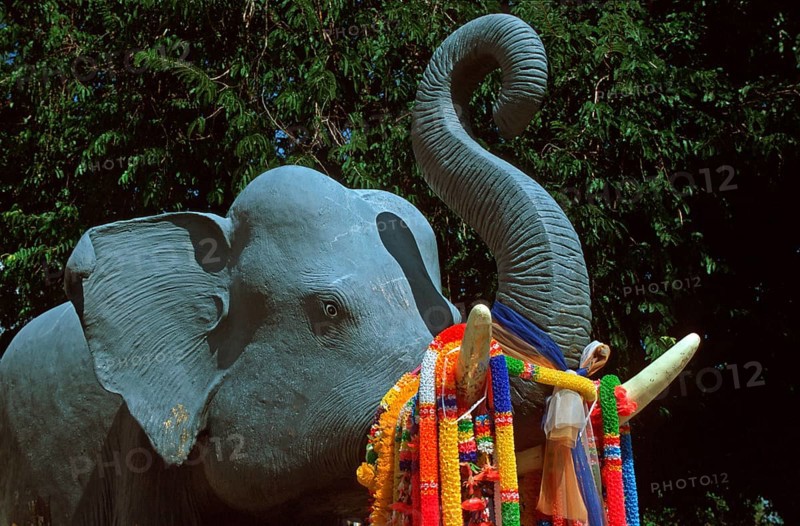 Decorated elephant figure in Wat Chalong monastery, Ko Phuket, Thailand, December 2002, vintage, retro, old, historic