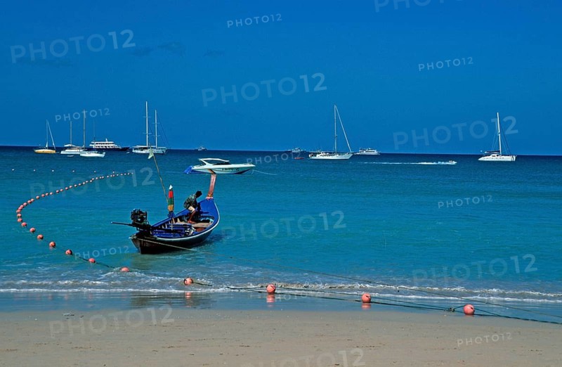 Longtail boat and yachts on Patong Beach, Ko Phuket, two years in front of the tsunami, Thailand, December 2002, vintage, retro, old, historic