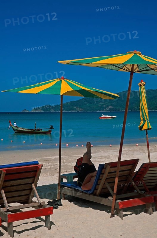 Umbrellas, people, Patong Beach, Ko Phuket, two years in front of the tsunami, Thailand, December 2002, vintage, retro, old, historic