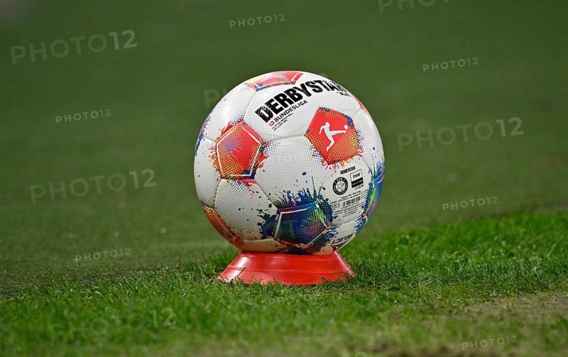 Adidas Derbystar game ball is on cones, marker plate, for ball boys, MHPArena, MHP Arena Stuttgart, Baden-Württemberg, Germany