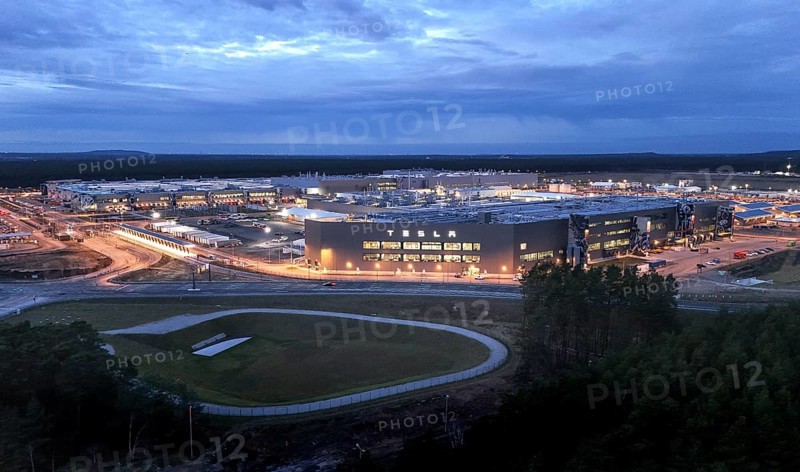 Tesla Gigafactory at the blue hour, Grünheide, 19.12.2025, Grünheide, Brandenburg, Germany