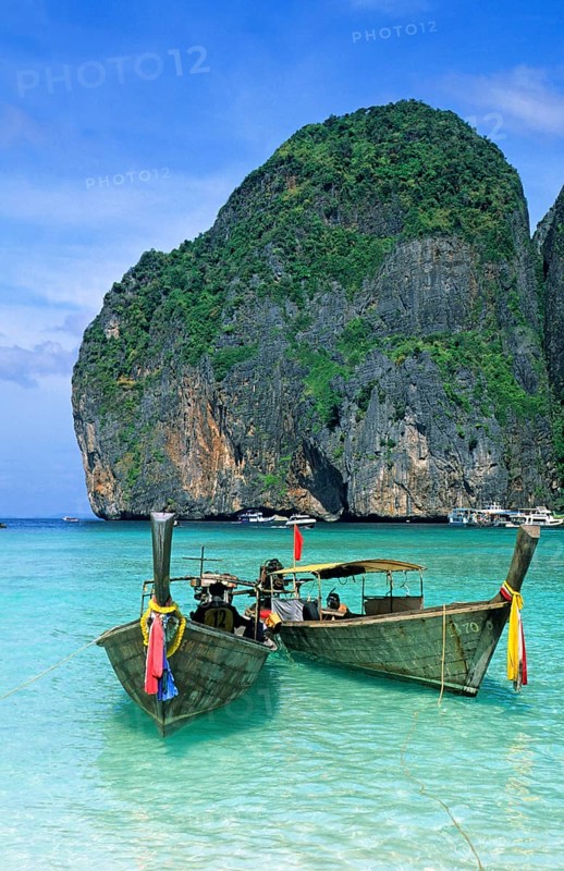 Longtail boats on Maya Bay beach, known from the movie The Beach, one year in front of the tsunami, Ko Phi Phi Le, Thailand, December 2002, vintage, retro, old, historic