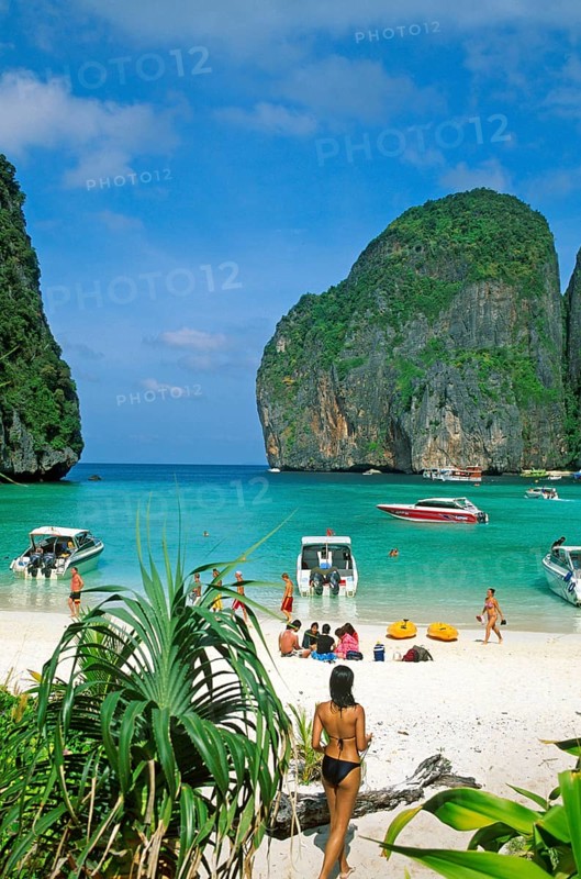 Palm tree, people, longtail boats on Maya Bay beach, known from the movie The Beach, one year in front of the tsunami, Ko Phi Phi Le, Thailand, December 2002, vintage, retro, old, historic