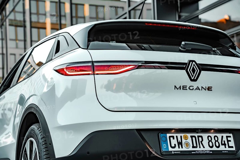 Rear view of a white Renault Megane with highlights on the design of the rear lights, Deer E-Carsharing, Renault Megane, Calw, Germany