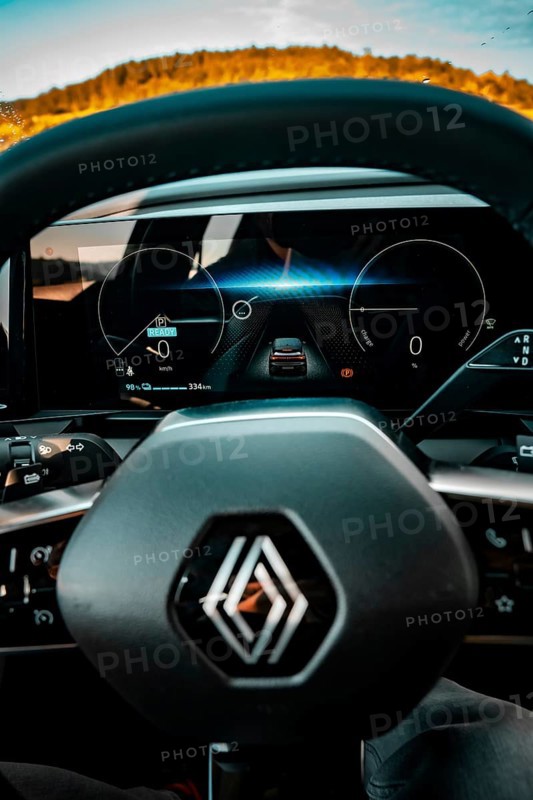Interior view of an electric car with display and steering wheel, blue light section, Deer e-Carsharing, Renault Megane, Calw, Germany