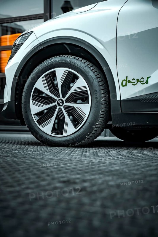 Close-up of a modern white car with stylish rim, Deer e-Carsharing, Renault Megane, Calw, Germany