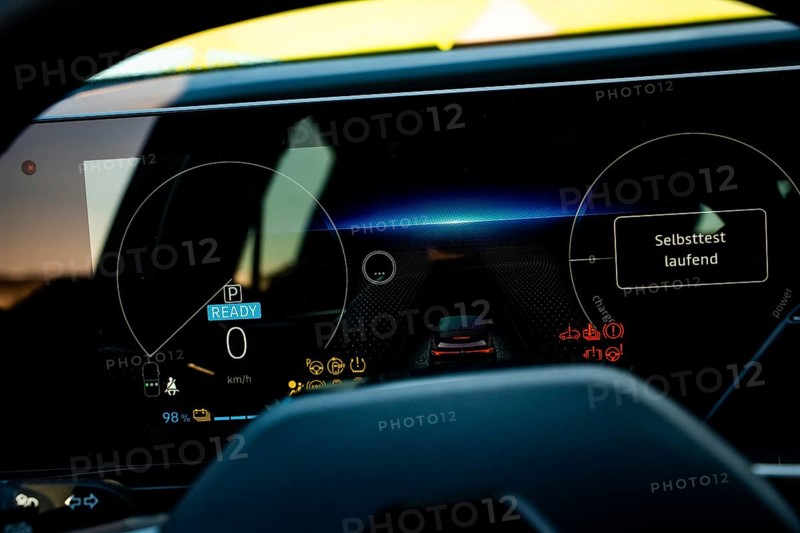 Modern digital car dashboard with various displays in a nocturnal atmosphere, Deer e-Carsharing, Renault Megane, Calw, Germany