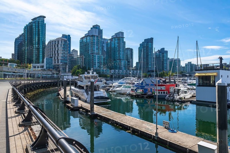Modern buildings rise above a marina filled with yachts and houseboats, creating a picturesque scene reflecting in the calm waters, in vancouver, british columbia