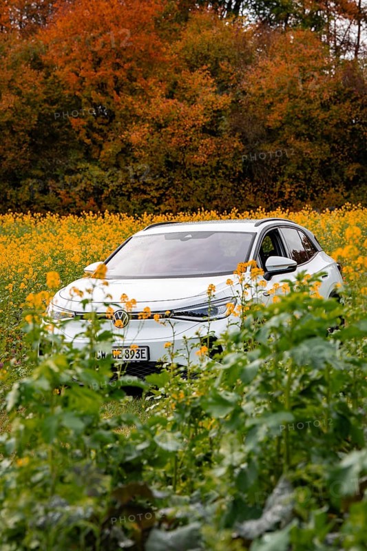 An SUV stands in a yellow field in front of an autumn-colored forest, Deer E-Carsharing, VW ID4, Calw, Germany